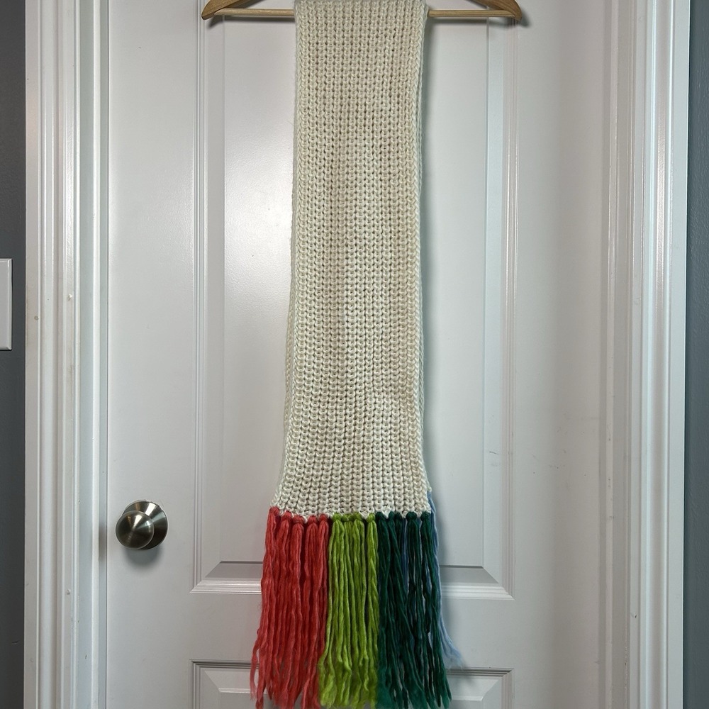 Anthropologie Wool Blend Cream Cozy Chunky Knit Rainbow Fringe Extra Long Scarf
